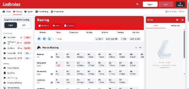 Ladbrokes racing lobby listing upcoming meets, race times, and quaddie links for Ballarat, Newcastle, Townsville, and Canberra