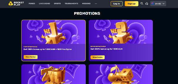 RocketPlay promotions page showing the welcome package, Friday reload offer, cashback banner, and loyalty ladder