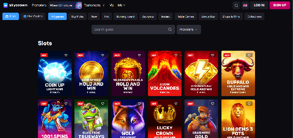SkyCrown game library displaying Coin Up Lightning, 15 Dragon Pearls, Buffalo Hold and Win, and other featured pokies
